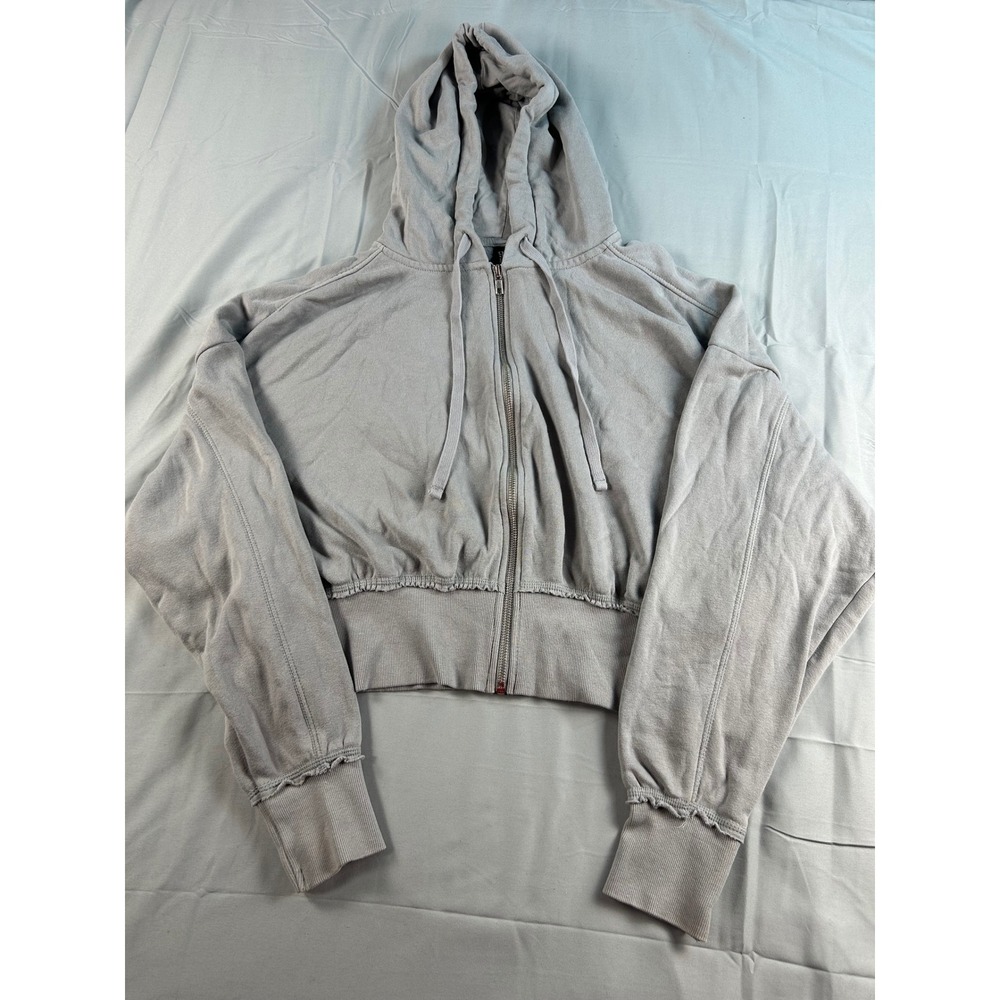 HM Divided Womens XL Cropped Zip Up Hoodie Gray Fleece Raw Edge Ruffle